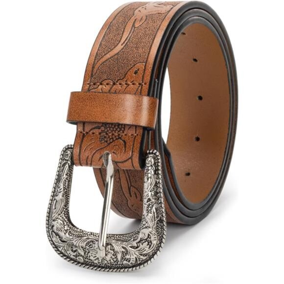 Western Leather Belts Oval Buckle Brown - Picture 3 of 3